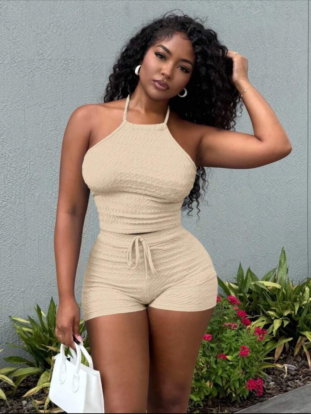 Beige Textured Halter Romper